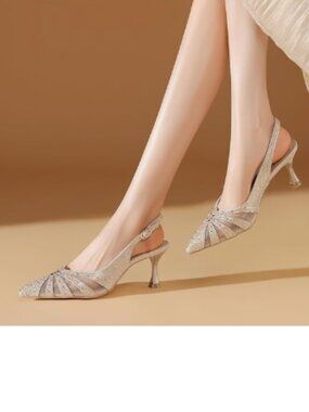 FYS Champagne Pointed Toe Slingback High Heels Glitter Rhinestone Mesh Pump